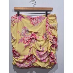 New! Mango Floral Ruched Mini Skirt Yellow Pink Roses Ruffled Romantic, XL(10)